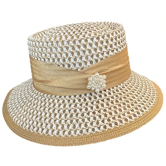 🆕 Straw Wide Brim Flat Top Hat - Picture 2 of 4